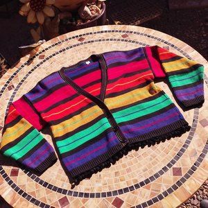 Vintage 80s V-neck Cardigan Ladies -S Pom Pom Fringe Bold Rainbow Striped Cotton